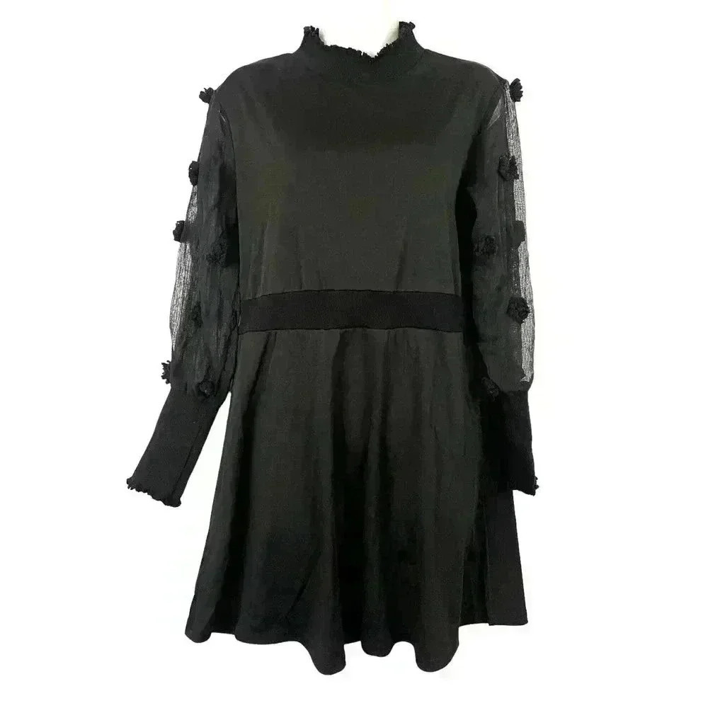 Black Long-Sleeve Dotted Mesh Knit A-Line Mini‎ Dress LARGE